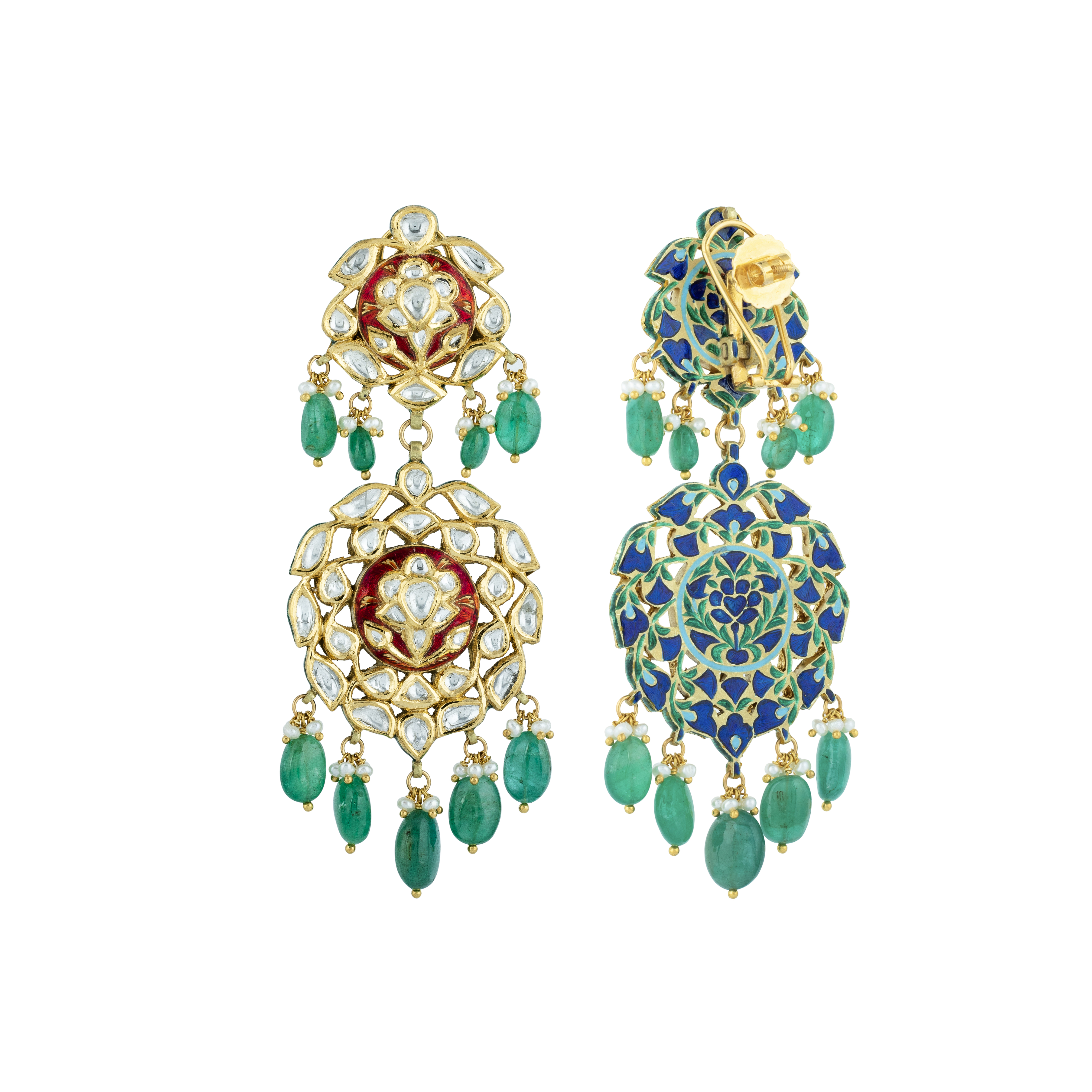 Polki Earrings with Red Enamel Base and Emerald Drops